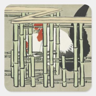 Vintage Japanese Rooster Behind Bamboo Fence Art Square Sticker