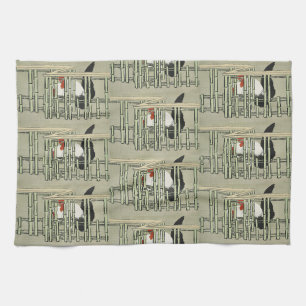 Vintage Japanese Rooster Behind Bamboo Fence Art Tea Towel
