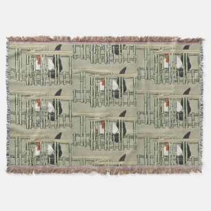 Vintage Japanese Rooster Behind Bamboo Fence Art Throw Blanket