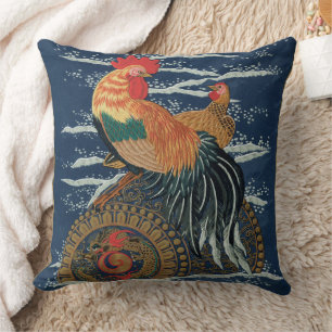 Vintage Japanese Rooster Hen Dragon Art Cushion
