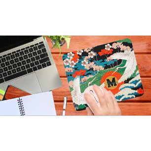 Vintage Japanese Sakura and Red Crowned Cranes Mouse Pad