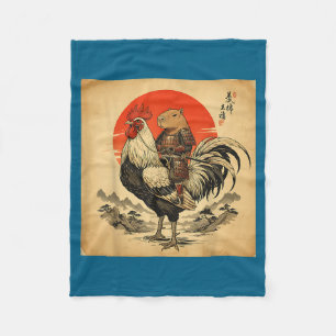 Vintage Japanese Samurai Capybara Rooster Chicken Fleece Blanket