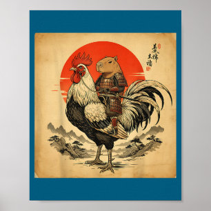 Vintage Japanese Samurai Capybara Rooster Chicken Poster
