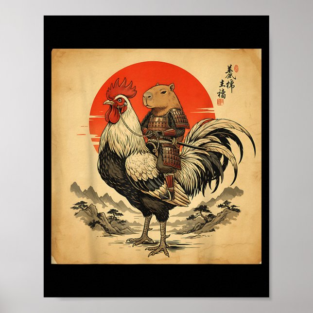 Vintage Japanese Samurai Capybara Rooster Chicken  Poster (Front)