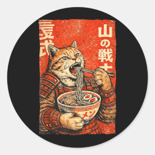 Vintage Japanese Samurai Cat Ramen Ukiyo-E Graphic Classic Round Sticker
