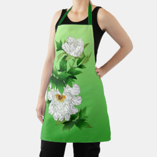Vintage Japanese Sketch of Large White Peony Apron