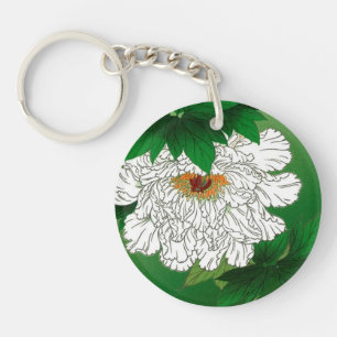 Vintage Japanese Sketch of Large White Peony Key Ring