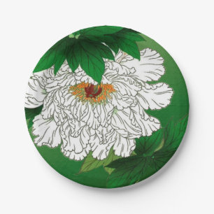Vintage Japanese Sketch of Large White Peony Paper Plate