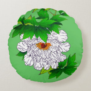 Vintage Japanese Sketch of Large White Peony Round Cushion