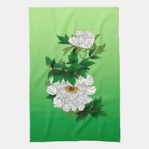 Vintage Japanese Sketch of Large White Peony Tea Towel