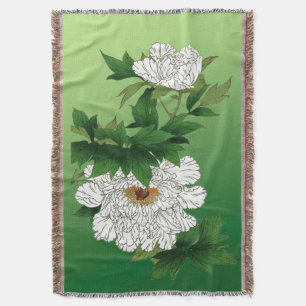Vintage Japanese Sketch of Large White Peony Throw Blanket