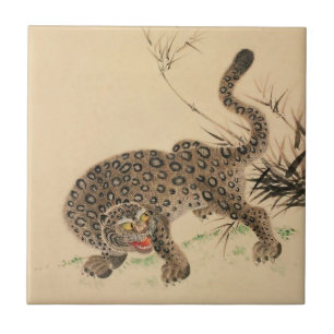 Vintage Japanese Spotted Leopard Scroll Ceramic Tile