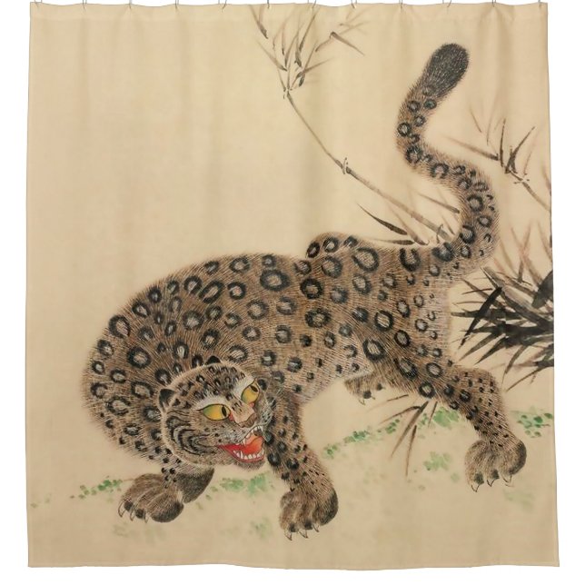 Vintage Japanese Spotted Leopard Scroll Shower Curtain (Front)