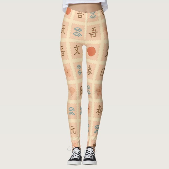 Vintage Japanese Stamp Pattern  Leggings (Front)