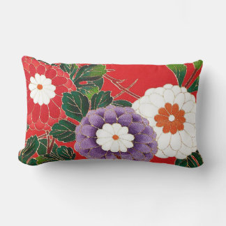 Vintage Japanese Textile - Red Dahlias Lumbar Cushion