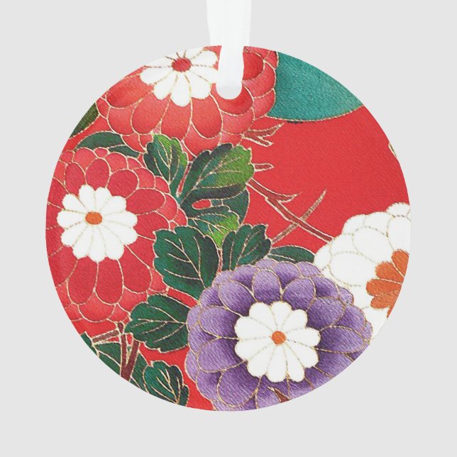 Vintage Japanese Textile - Red Dahlias Ornament (Back)