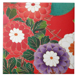 Vintage Japanese Textile - Red Dahlias Tile