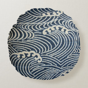 Vintage Japanese Textile, Wave Pattern Round Cushion