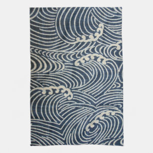 Vintage Japanese Textile, Wave Pattern Tea Towel