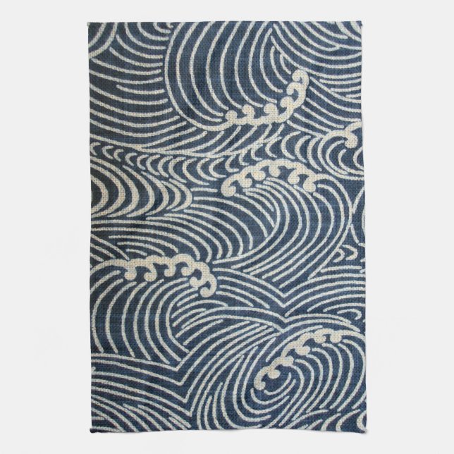 Vintage Japanese Textile, Wave Pattern Tea Towel (Vertical)