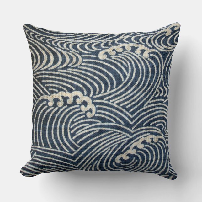 Vintage Japanese Textile, Wave Pattern Throw Pillo Cushion (Front)