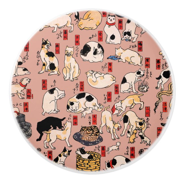 Vintage Japanese Ukiyo-e Cat Pattern: Kuniyoshi Ceramic Knob (Front)