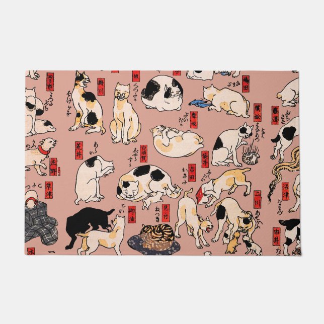 Vintage Japanese Ukiyo-e Cat Pattern: Kuniyoshi Doormat (Front)