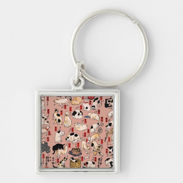 Vintage Japanese Ukiyo-e Cat Pattern: Kuniyoshi Key Ring (Front)