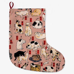 Vintage Japanese Ukiyo-e Cat Pattern: Kuniyoshi Large Christmas Stocking