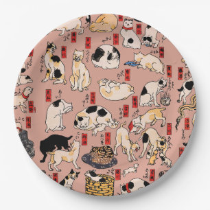 Vintage Japanese Ukiyo-e Cat Pattern: Kuniyoshi Paper Plate