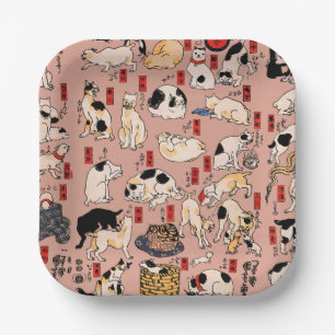 Vintage Japanese Ukiyo-e Cat Pattern: Kuniyoshi Paper Plate