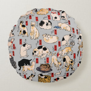 Vintage Japanese Ukiyo-e Cat Pattern: Kuniyoshi Round Cushion