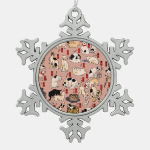 Vintage Japanese Ukiyo-e Cat Pattern: Kuniyoshi Snowflake Pewter Christmas Ornament