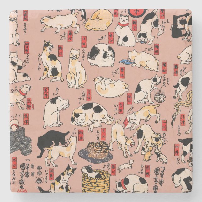 Vintage Japanese Ukiyo-e Cat Pattern: Kuniyoshi Stone Coaster (Front)