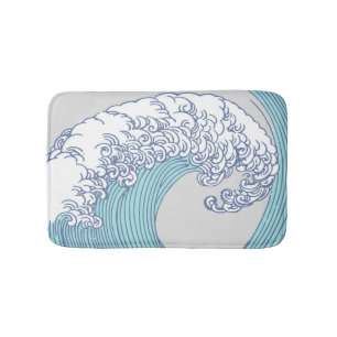 Vintage Japanese Ukiyo-e Surf Wave Art Blue Coast  Bath Mat