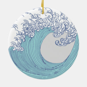 Vintage Japanese Ukiyo-e Surf Wave Art Blue Coast Ceramic Ornament