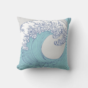 Vintage Japanese Ukiyo-e Surf Wave Art Blue Coast Cushion