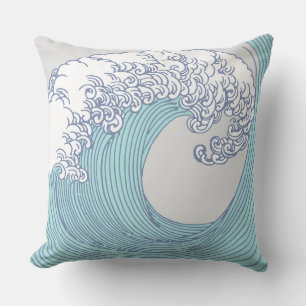 Vintage Japanese Ukiyo-e Surf Wave Art Blue Coast  Cushion