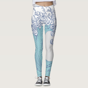 Vintage Japanese Ukiyo-e Surf Wave Art Blue Coast Leggings