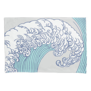 Vintage Japanese Ukiyo-e Surf Wave Art Blue Coast Pillowcase
