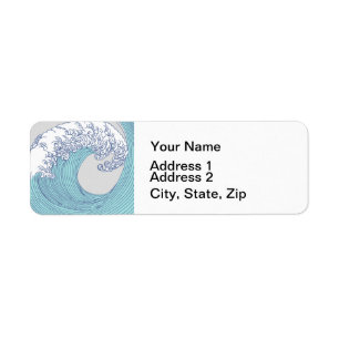 Vintage Japanese Ukiyo-e Surf Wave Art Blue Coast Return Address Label