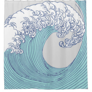 Vintage Japanese Ukiyo-e Surf Wave Art Blue Coast Shower Curtain