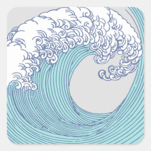 Vintage Japanese Ukiyo-e Surf Wave Art Blue Coast  Square Sticker