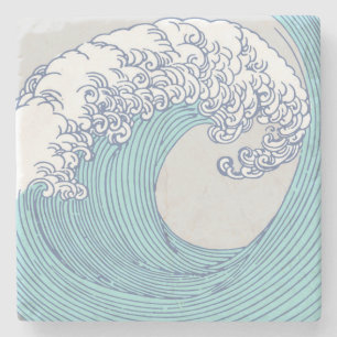 Vintage Japanese Ukiyo-e Surf Wave Art Blue Coast Stone Coaster
