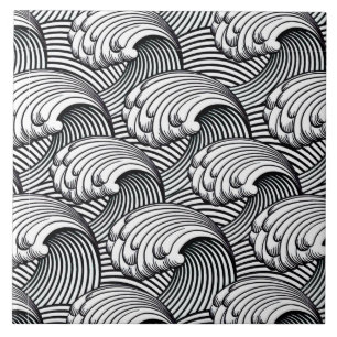 Vintage Japanese Waves, Black and White Ceramic Tile