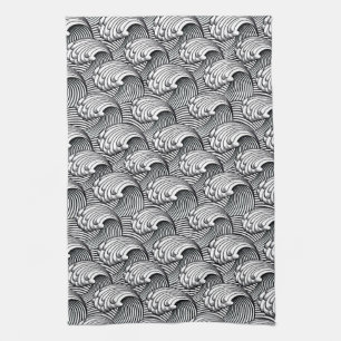 Vintage Japanese Waves, Black and White Kitchen To Tea Towel