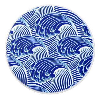 Vintage Japanese Waves, Cobalt Blue and White Ceramic Knob