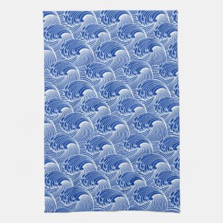 Vintage Japanese Waves, Cobalt Blue and White Tea Towel
