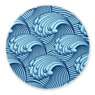 Vintage Japanese Waves, Navy and Sky Blue Ceramic Knob