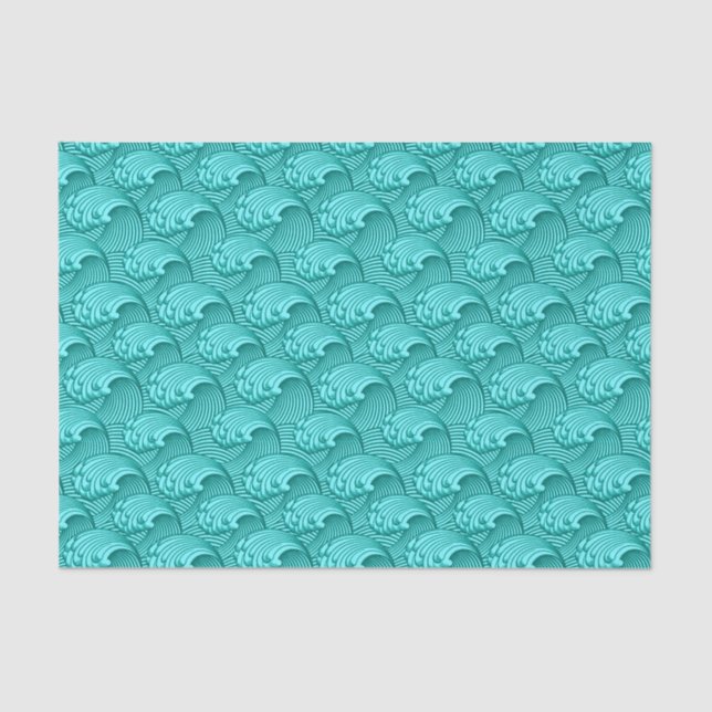 Vintage Japanese Waves, Turquoise and Aqua Tissue Paper (Front)